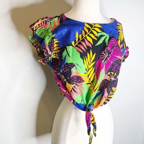 Vintage 80s XS Crop Top Tie Front Blouse Tropical Hibiscus Monstera Colorful - Picture 5 of 16